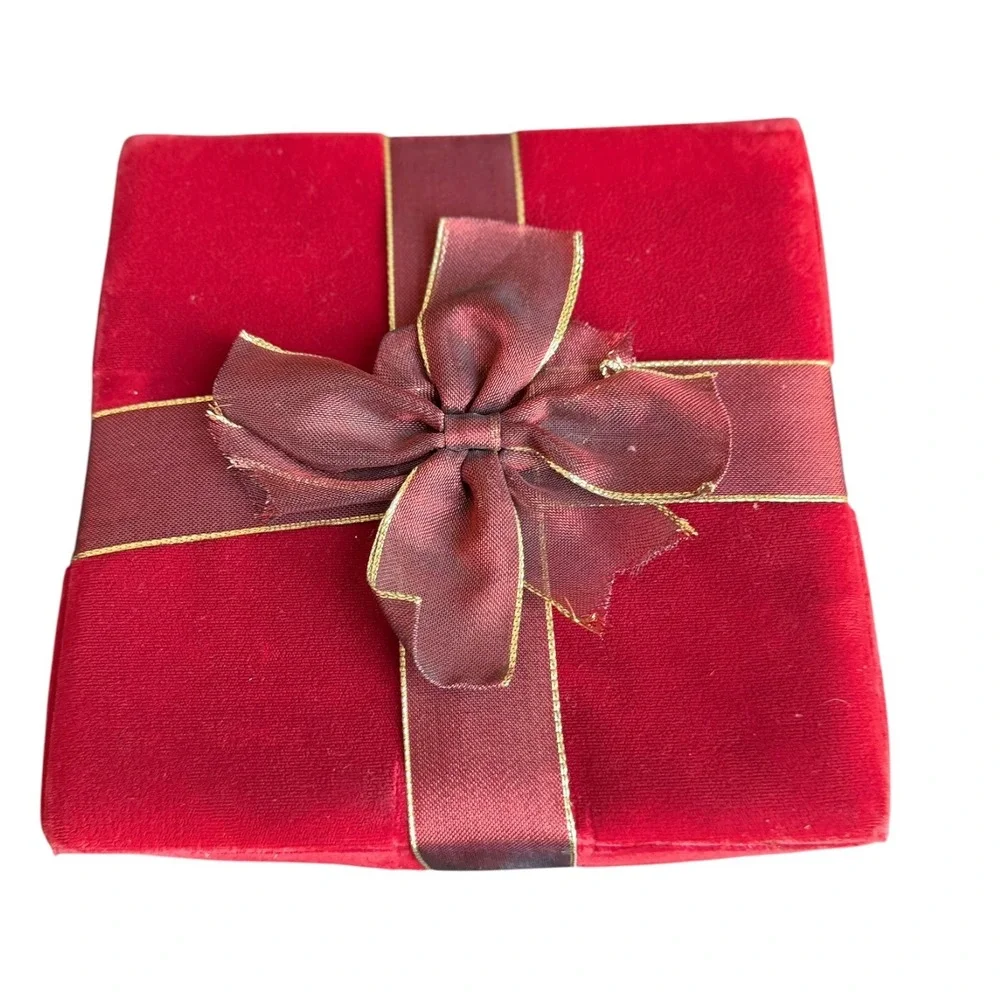 Red Velvet Christmas Gift Box Burgundy Ribbon Gold Trim Holiday Decor Storage